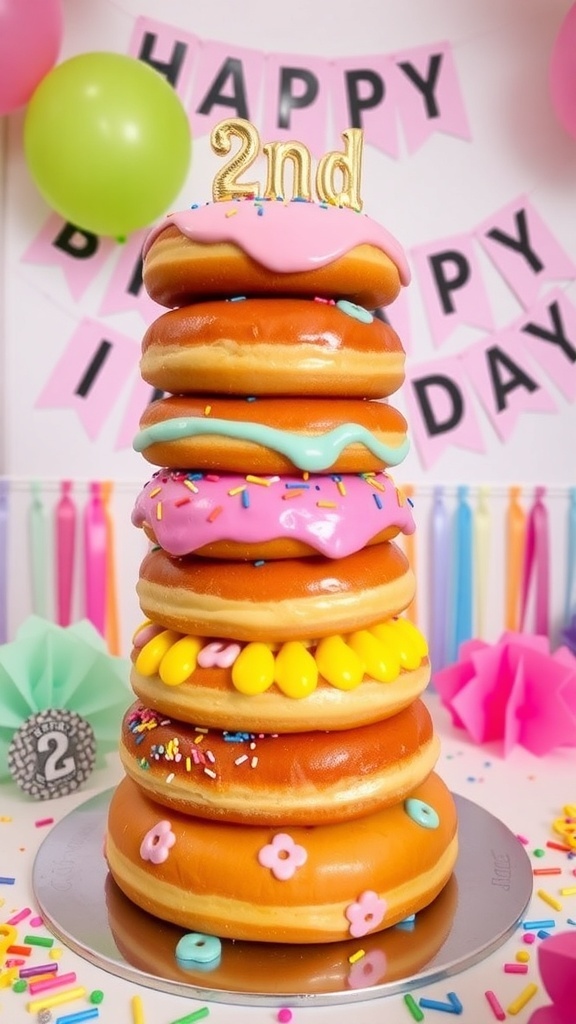 A colorful stacked donut cake with icing and sprinkles, decorated for a 2nd birthday party.